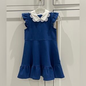 Janie And Jack Size 4 Years Ponte Dress Navy Blue Scalloped Collar Lace EUC